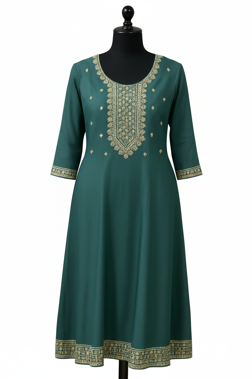 Emerald Elegance Embroidered Silk Kurti Top