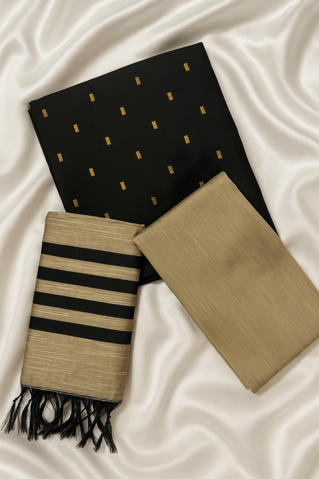 Black & Beige Raw Silk 3-Piece Unstitched Suit Set