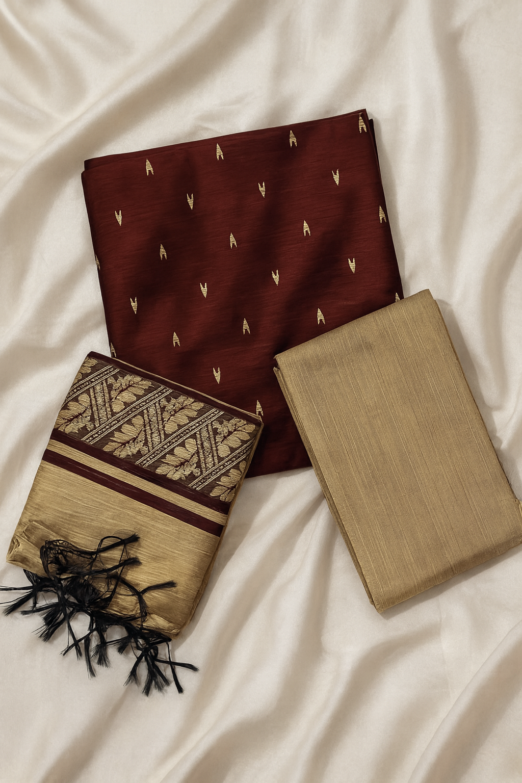 Maroon & Beige Raw Silk 3-Piece Unstitched Suit Set