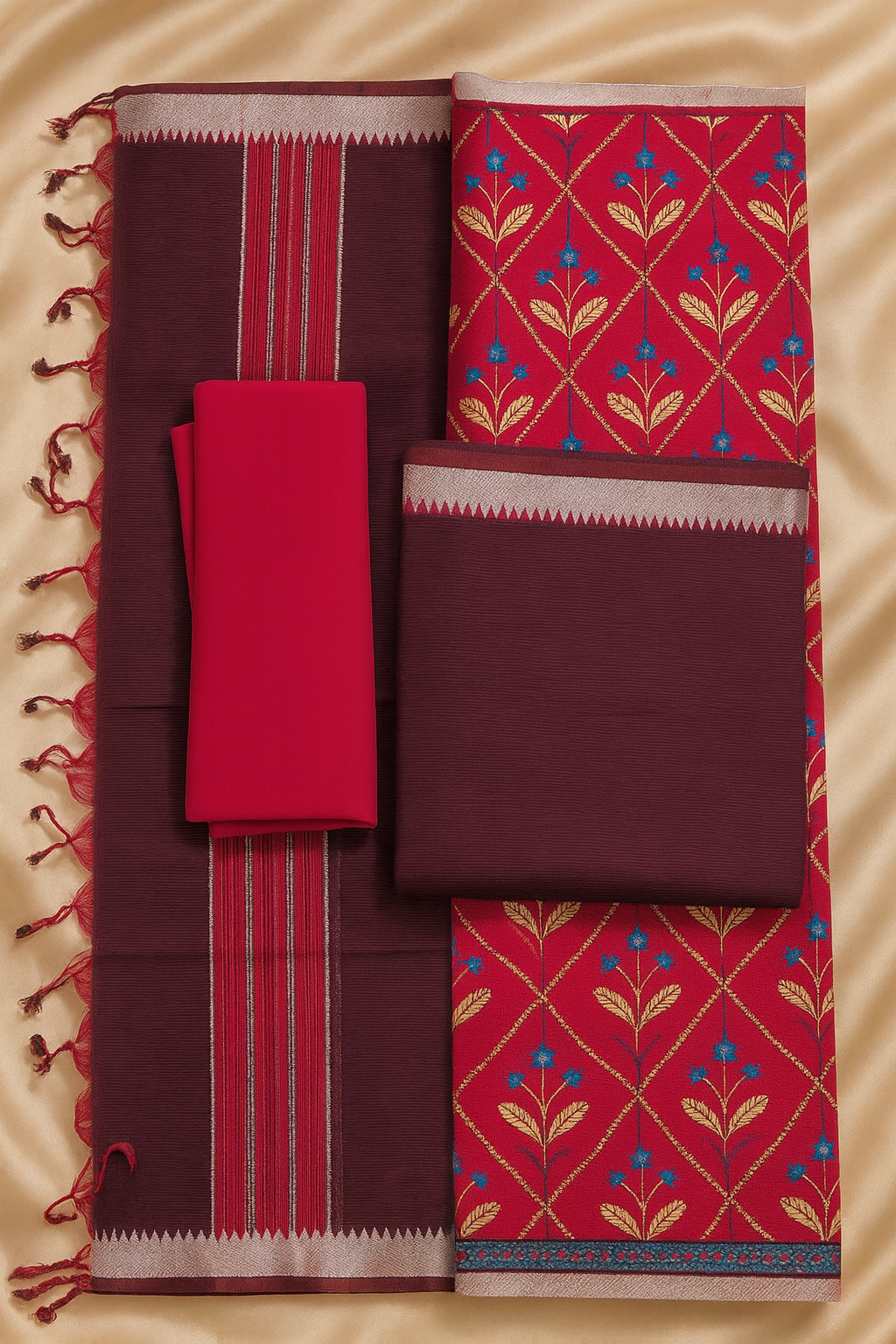 Mangalgiri Cotton Dress 3 Piece set Material with Printed Dupatta – Wine & Pink