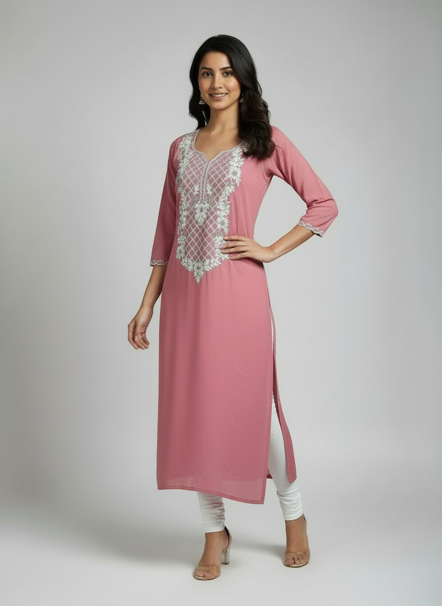 Blush Pink Rayon Kurti Top with White Bottom