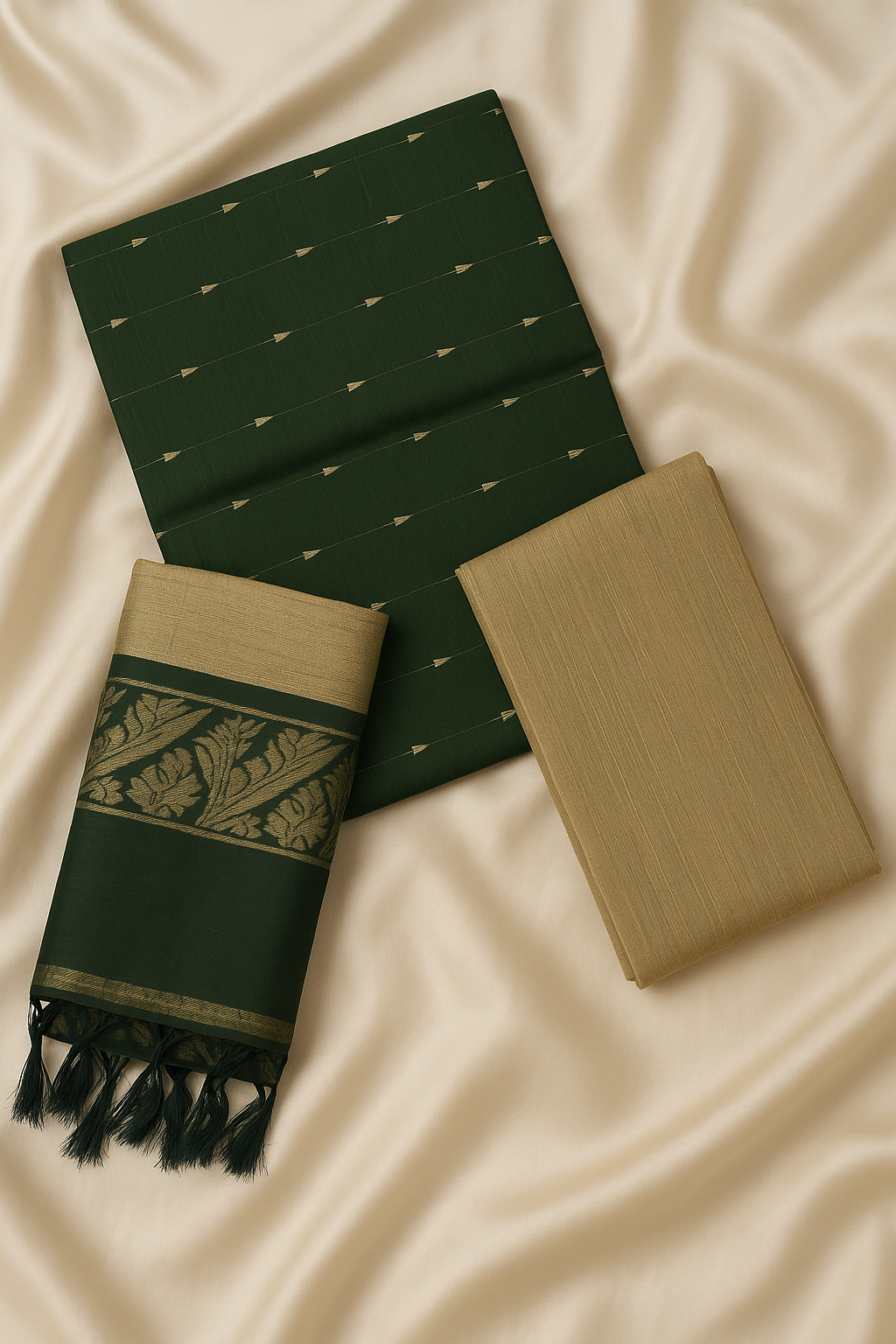 Bottle Green & Beige Raw Silk 3-Piece Unstitched Suit Set