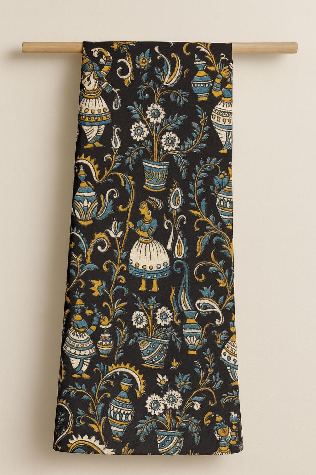 2.5mts Kalamkari Cotton Cloth – Black Pot & Toy Print Fabric