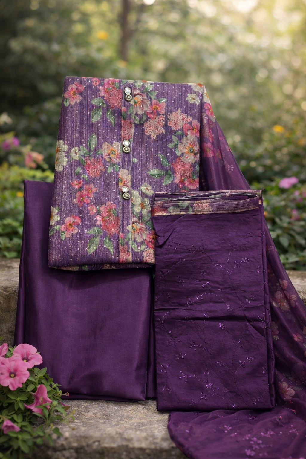 Plum Floral Viscose 3-Piece Dress Material Set