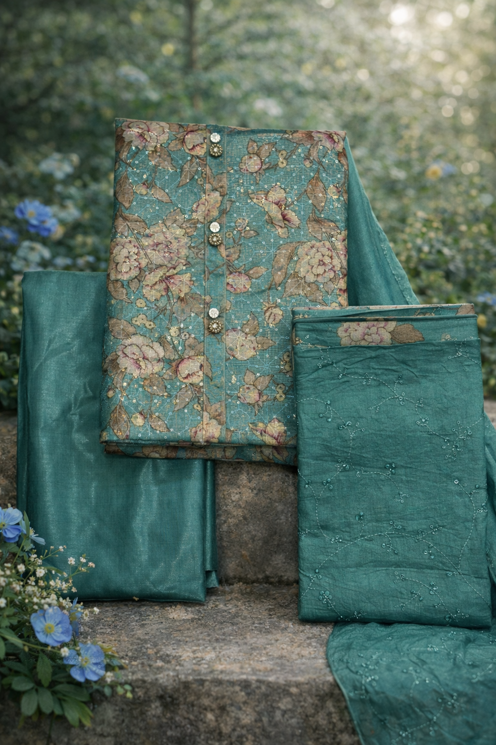 Teal Garden Viscose 3-Piece Dress Material Set