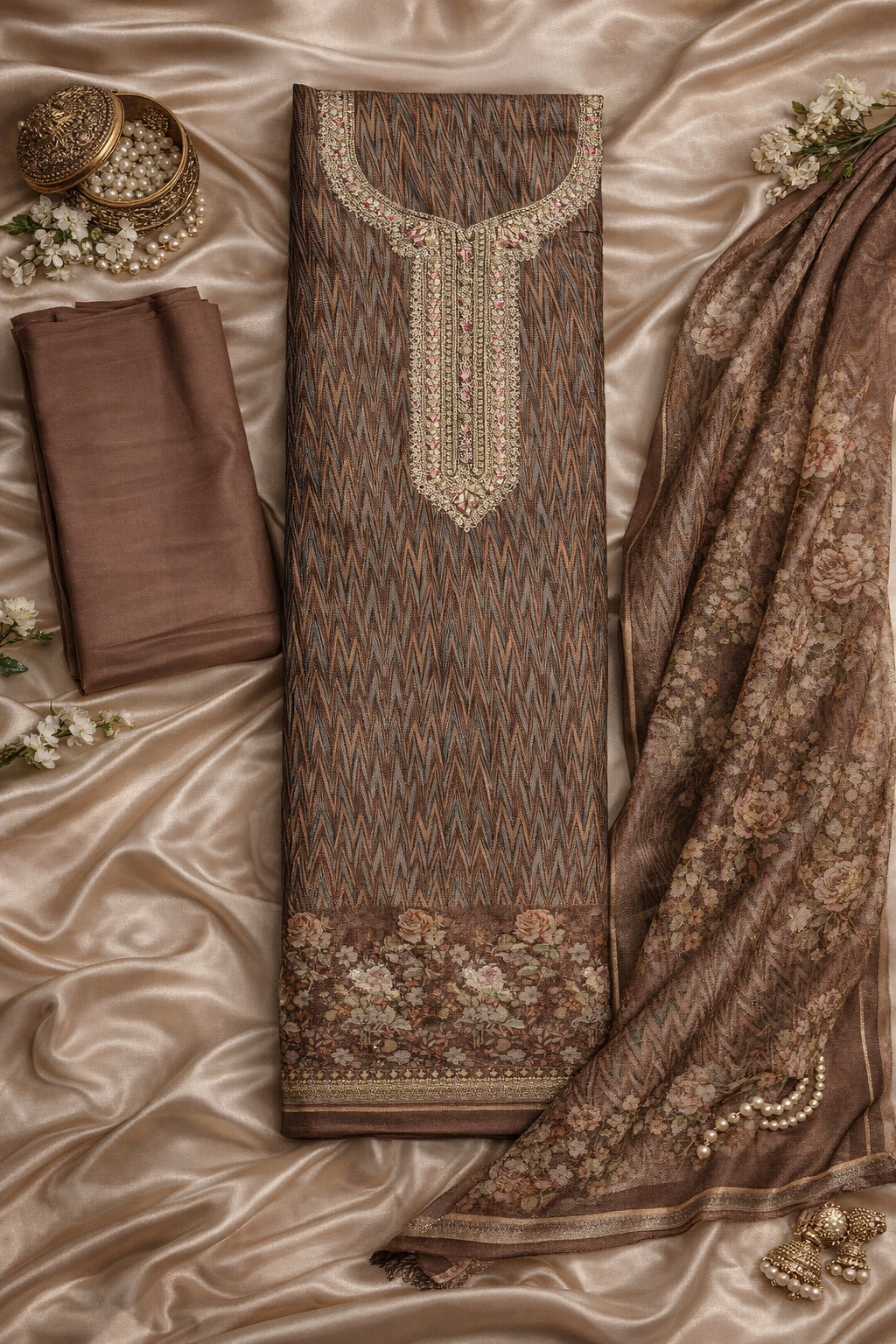 Mocha Heritage Viscose 3-Piece Dress Material Set