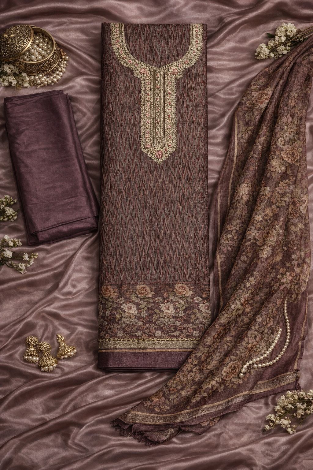 Plum Royale Viscose 3-Piece Dress Material Set