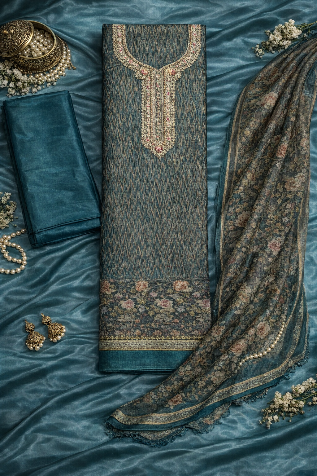 Teal Royale Viscose 3-Piece Dress Material Set