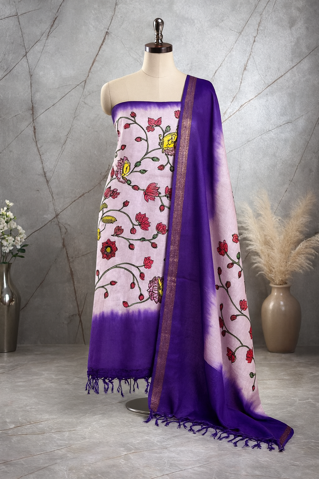 Kalamkari Dupatta in Lavender & Deep Purple with Floral Motifs