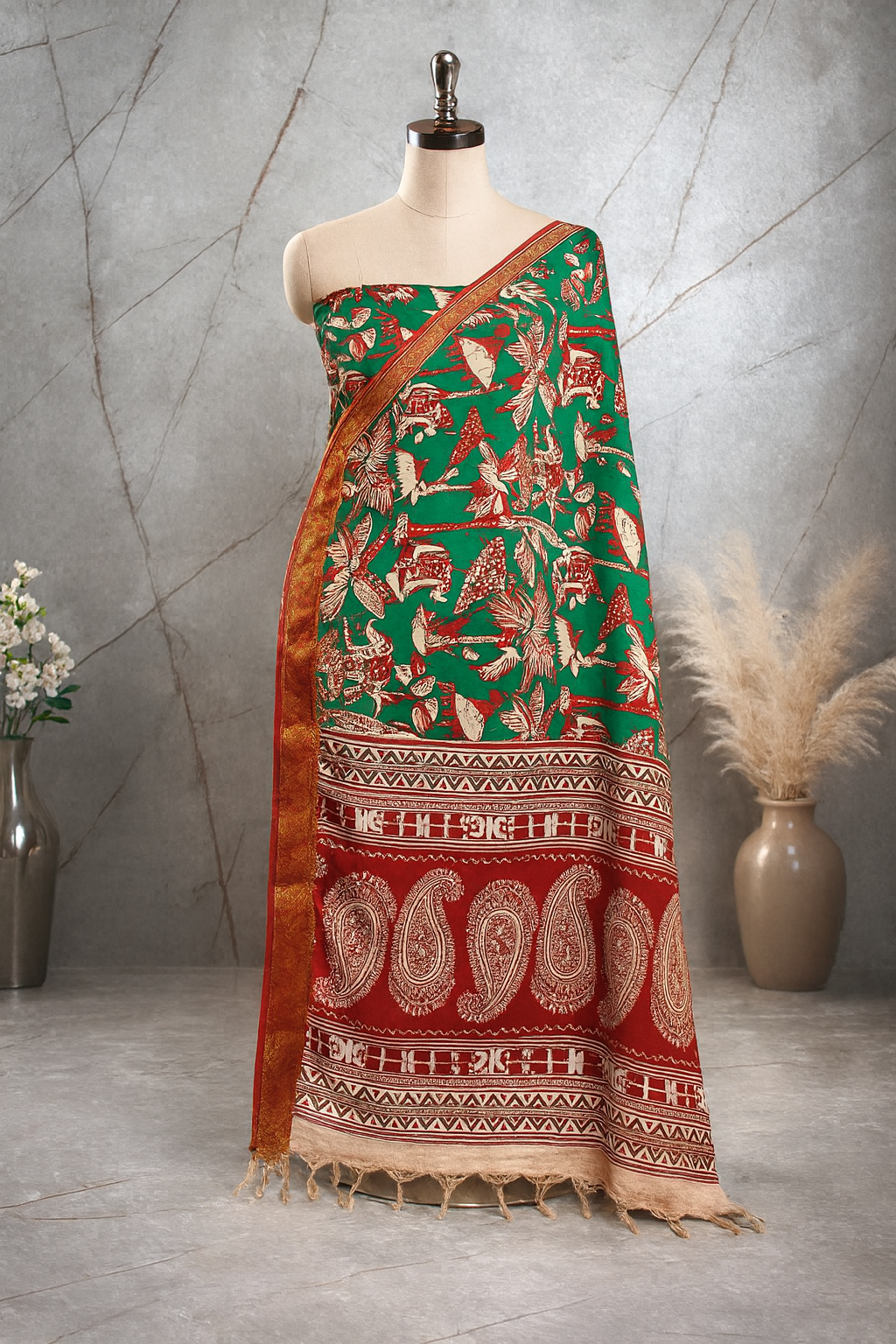 Kalamkari Handcrafted Dupatta in Emerald Green & Rust Red with Bird and Paisley Motifs