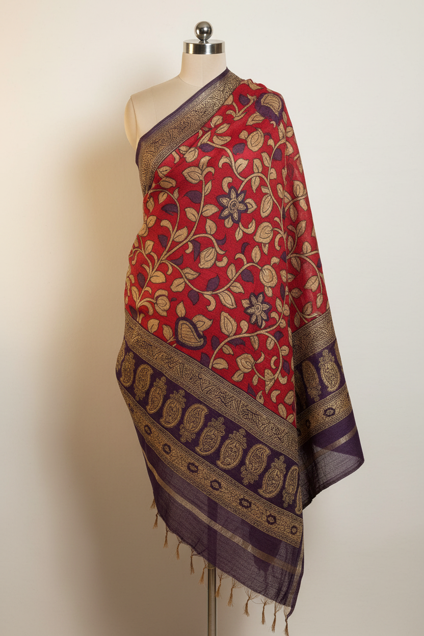 Kalamkari Woolen Dupatta in Maroon & Deep Purple with Floral and Paisley Borders