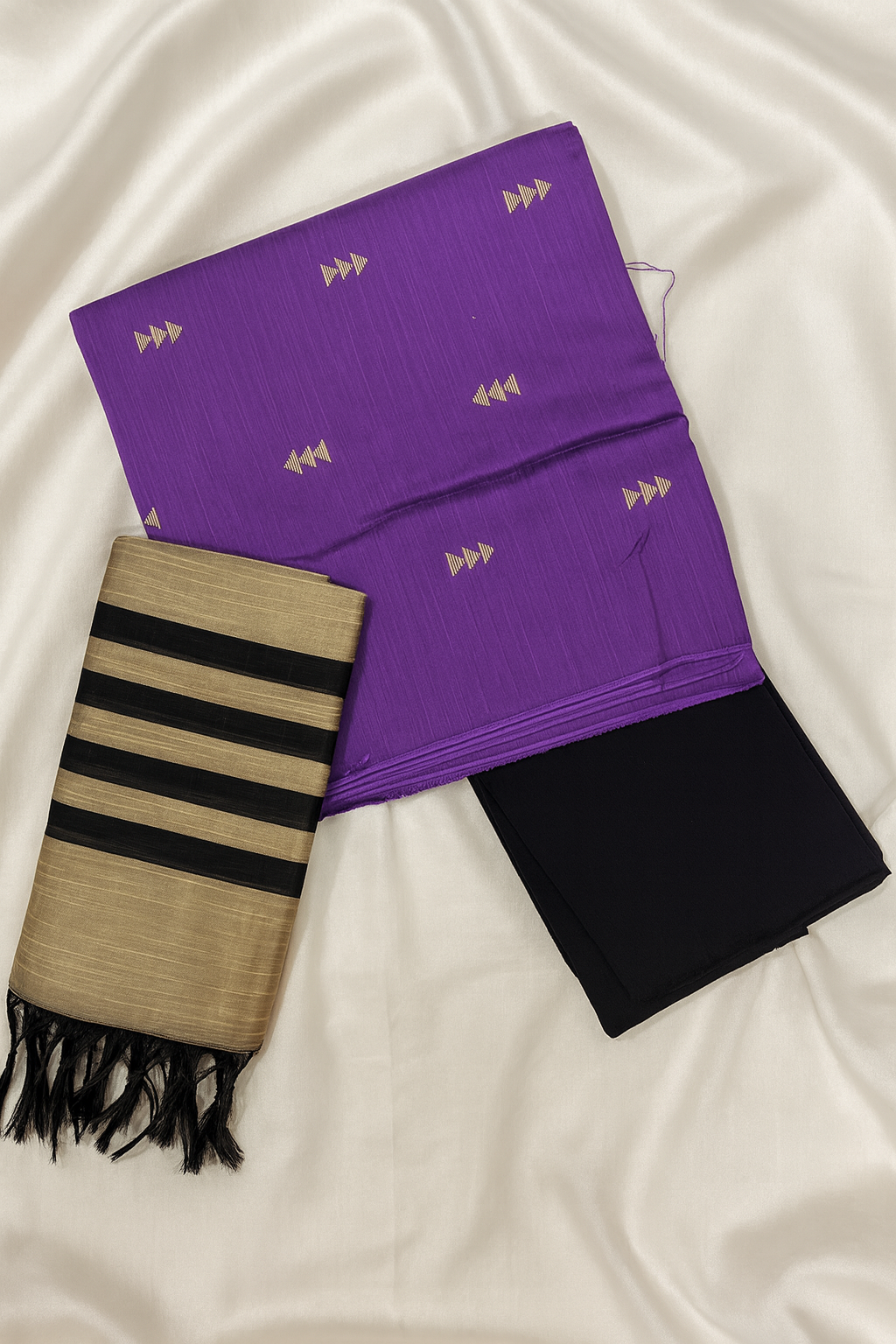 Purple & Black Raw Silk 3-Piece Unstitched Suit Set