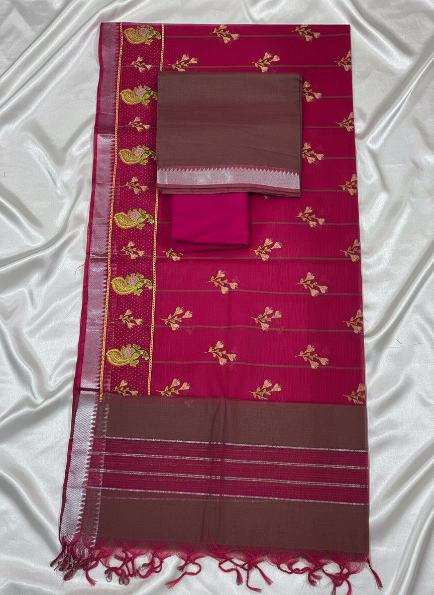 Mangalgiri Cotton Dress 3 Piece set Material with Embroidered Dupatta – Pink & Brown