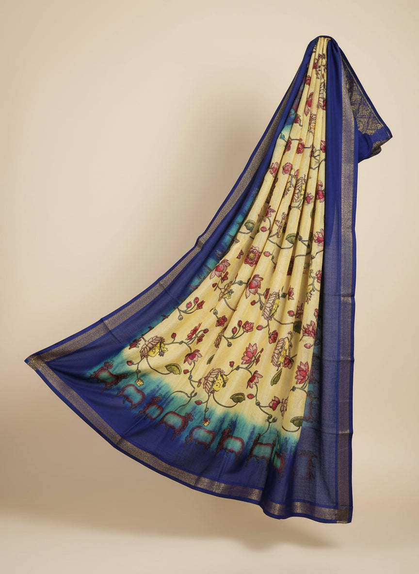 Handpainted Kalamkari Dupatta in Royal Blue & Yellow with Lotus and Cow Motifs