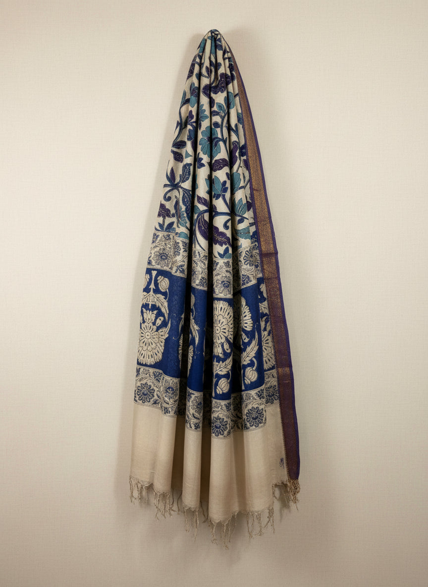 Kalamkari Handcrafted Dupatta in Blue & Beige with Floral and Paisley Motifs