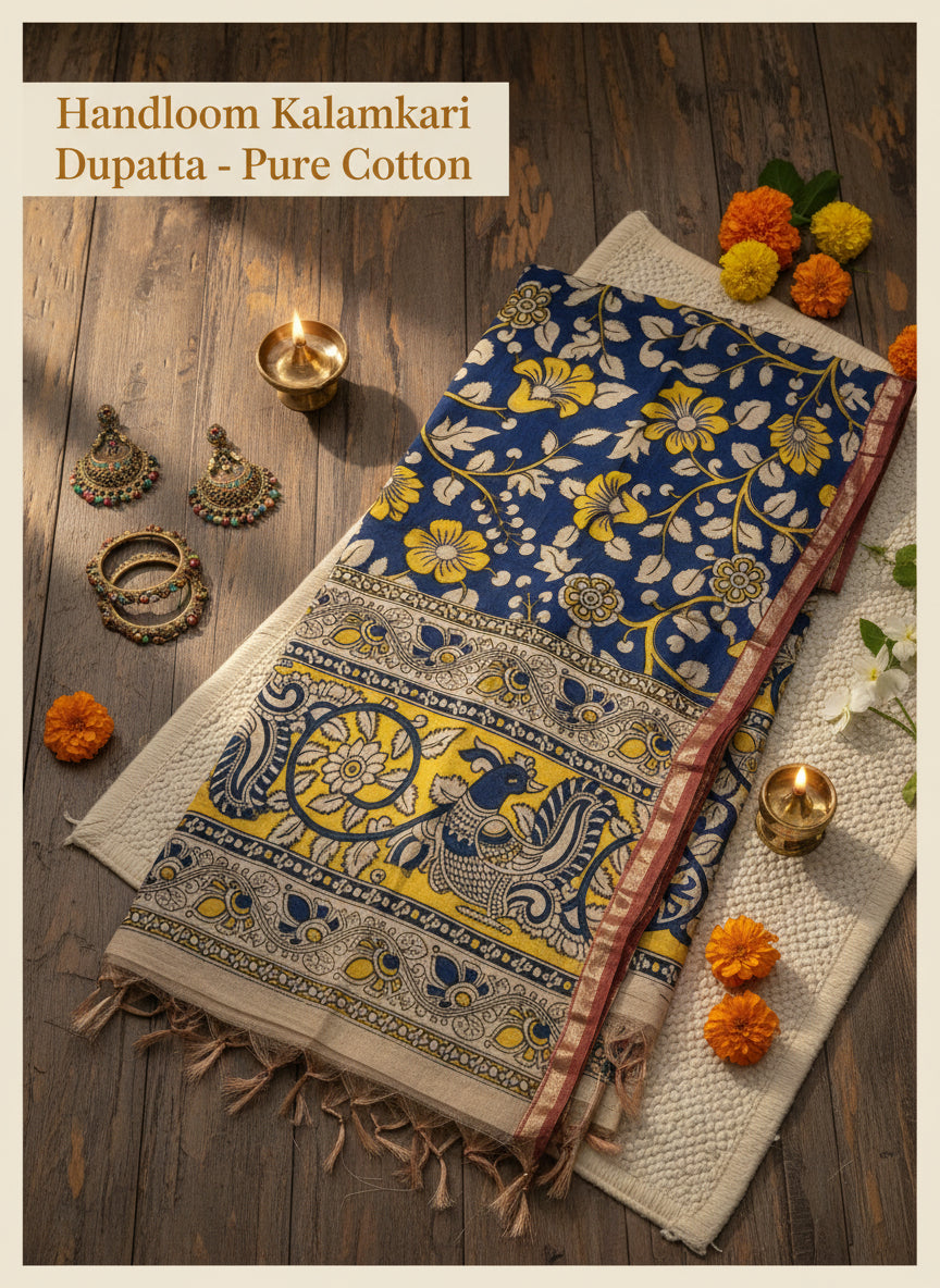 Handcrafted Kalamkari Cotton Dupatta with Floral & Peacock Motifs – Blue & Mustard