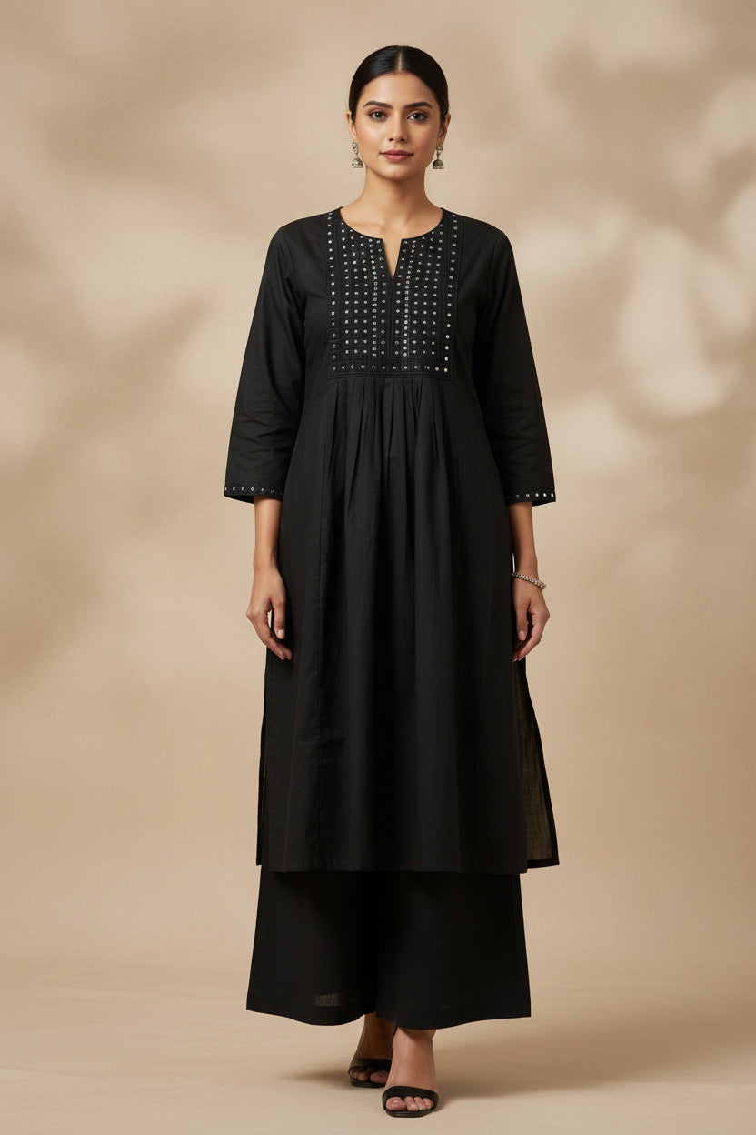 Black Embroidered Cotton A-Line plazo Set umbrella top and bottom