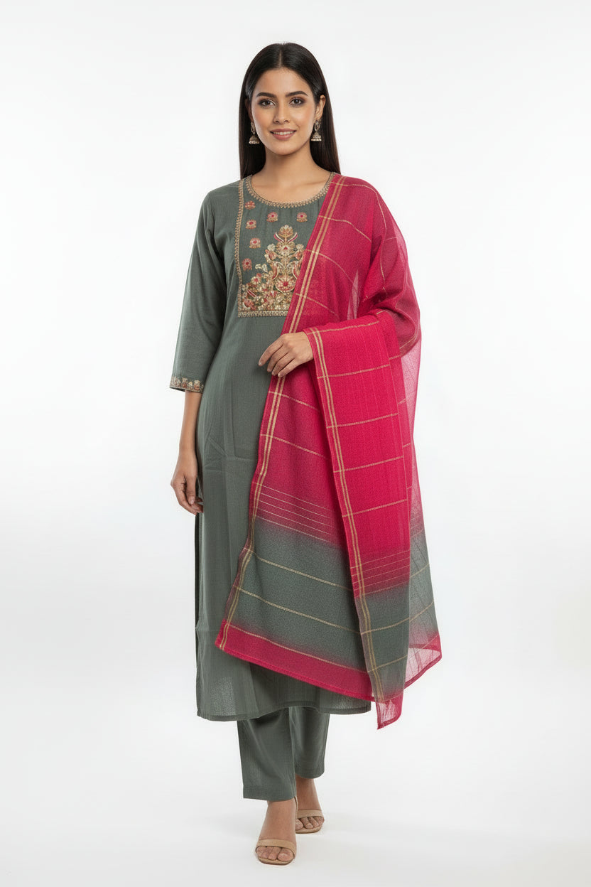 Olive Rayon Kurta Set with Embroidered Yoke & Pink Woven Dupatta