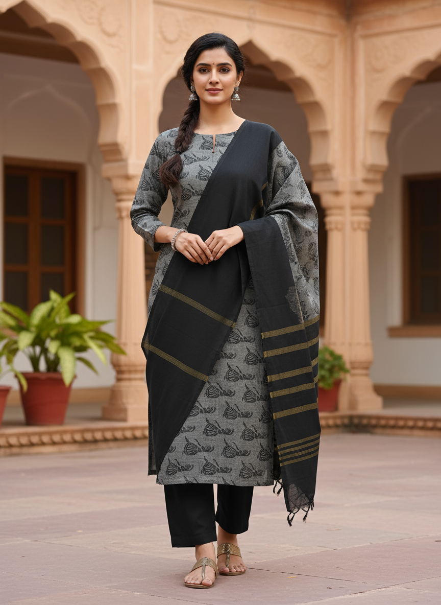 Mangalgiri Cotton Dress set - Grey