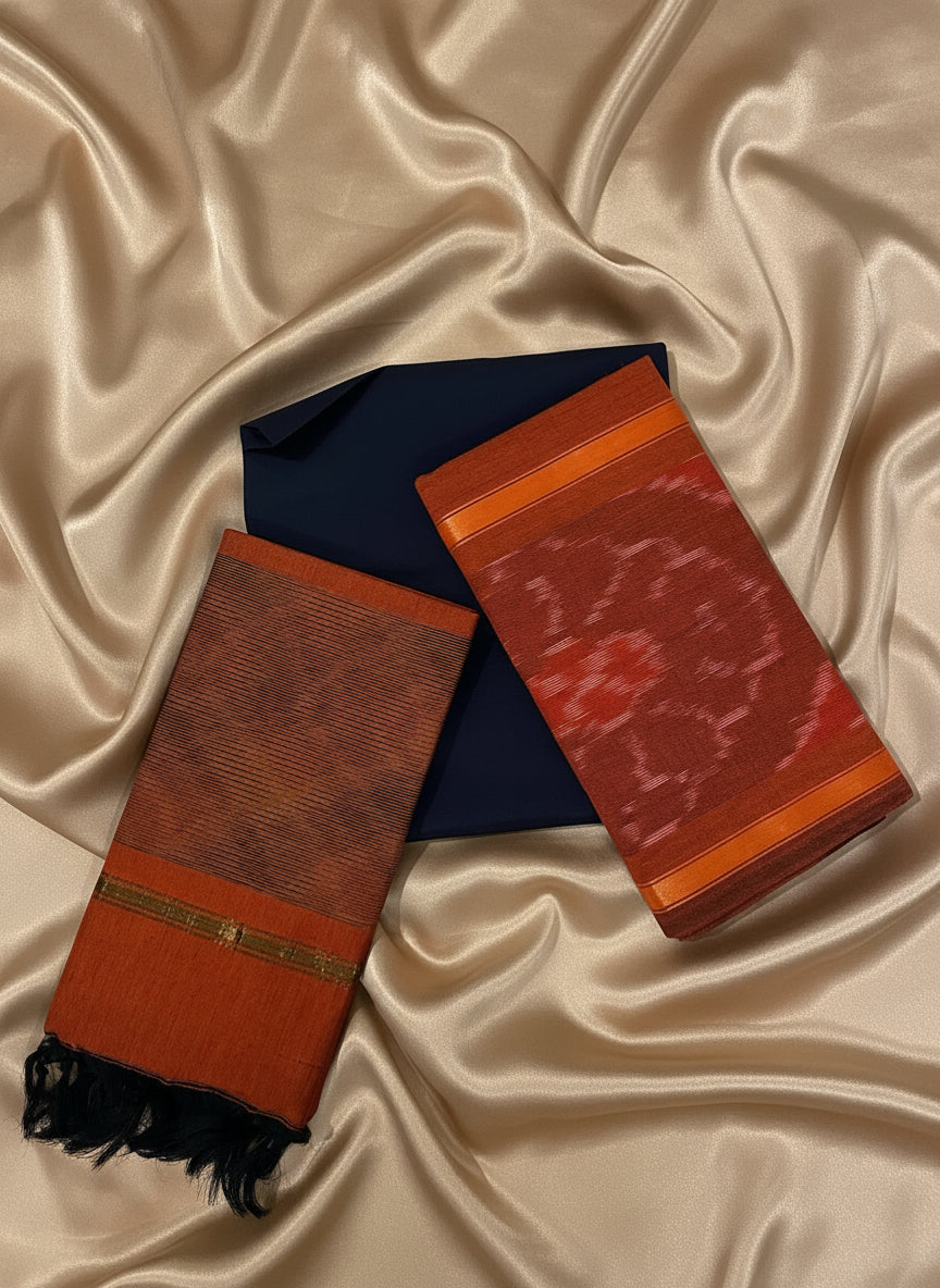 Navy Blue & Rust Orange Pochampally Sico Suit Set