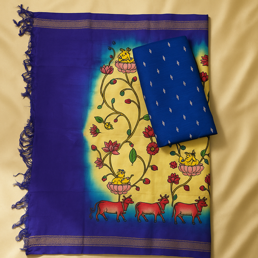 Royal Blue Raw Silk Fabric with Hand-Painted Kalamkari Dupatta