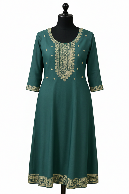 Emerald Elegance Embroidered Silk Kurti Top