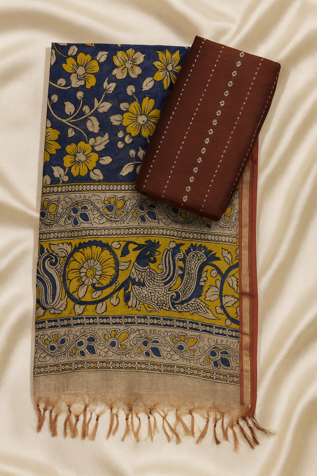 Brown Raw Silk Fabric with Floral Kalamkari Dupatta