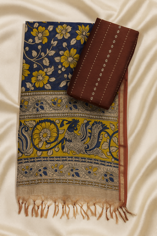 Brown Raw Silk Fabric with Floral Kalamkari Dupatta