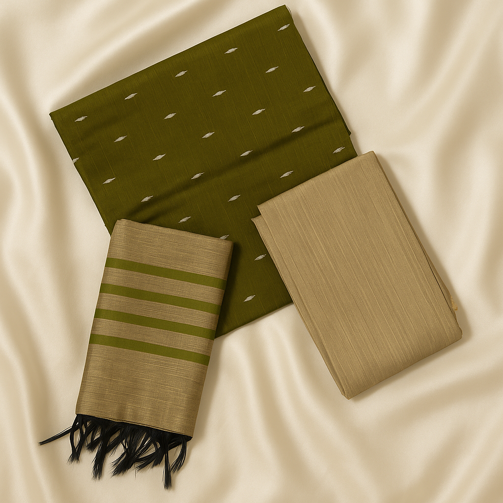 Olive Green & Beige Raw Silk 3-Piece Unstitched Suit Set