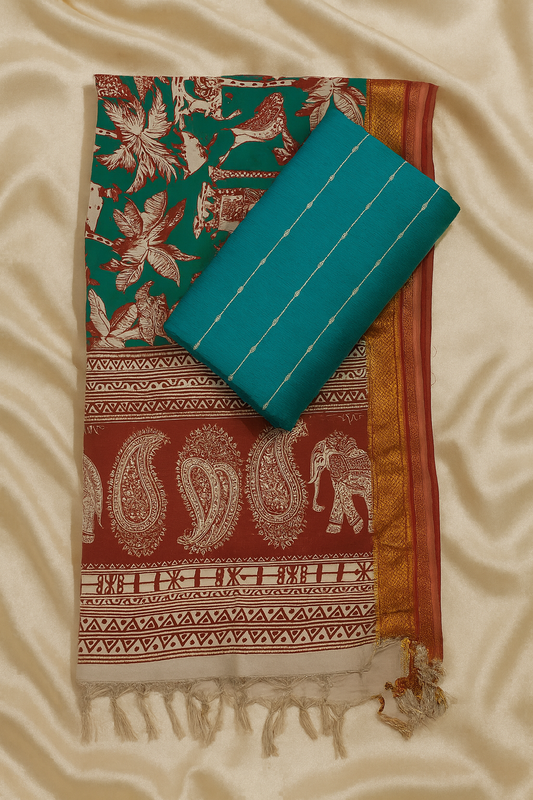 Teal Raw Silk Fabric with Handcrafted Kalamkari Dupatta