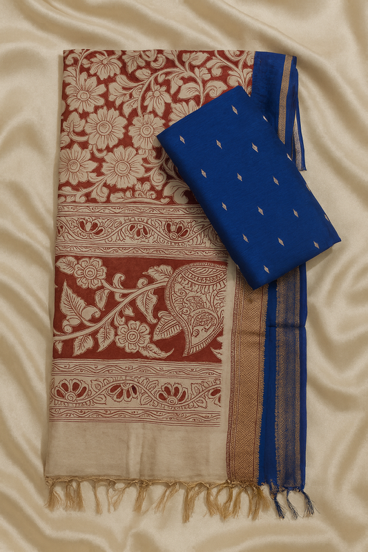 Blue Raw Silk Fabric with Floral Kalamkari Dupatta