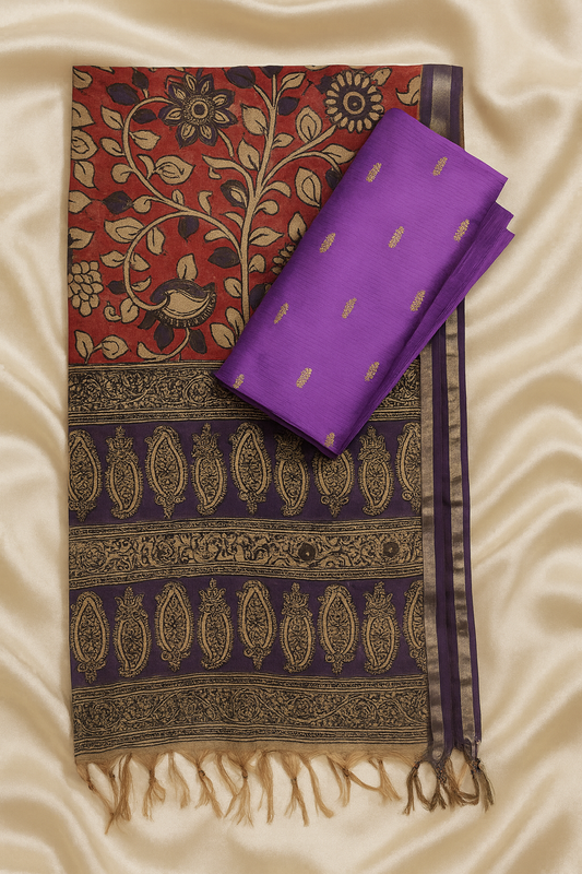 Purple Raw Silk Fabric with Kalamkari Dupatta