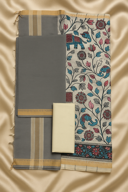 Mangalgiri Cotton Dress 3 Piece set Material with Elephant-Print Dupatta – Grey & White
