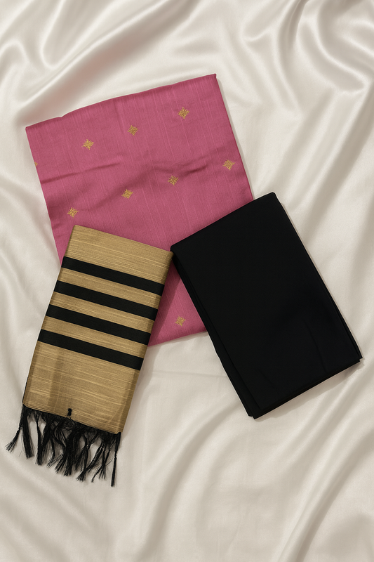 Pink & Black Raw Silk 3-Piece Unstitched Suit Set