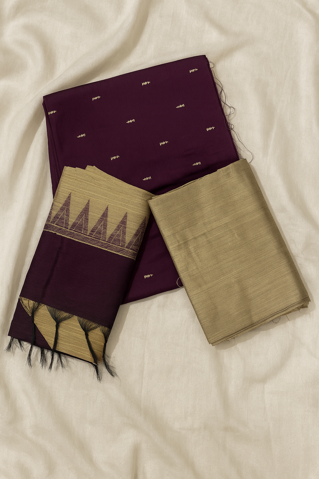 Plum & Beige Raw Silk 3-Piece Unstitched Suit Set