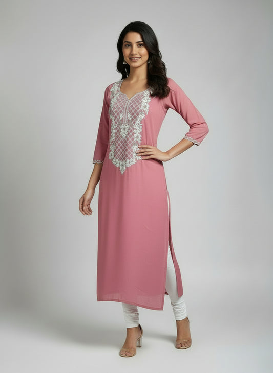 Blush Pink Rayon Kurti Top with White Bottom