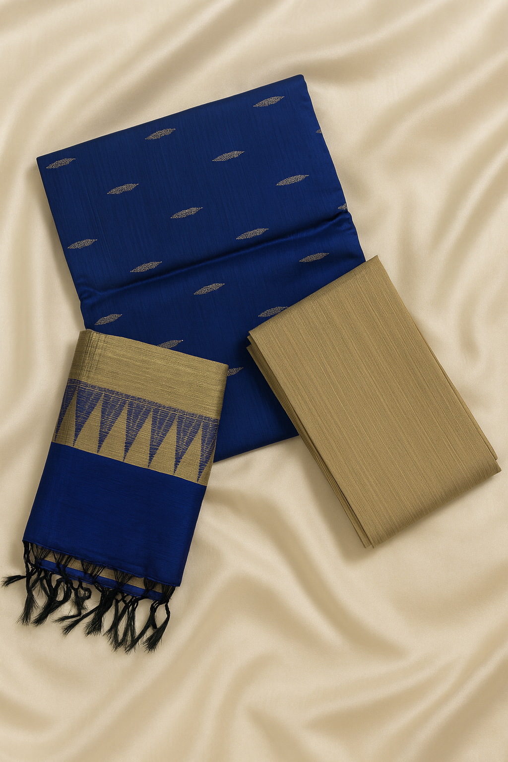 Royal Blue & Beige Raw Silk 3-Piece Unstitched Suit Set