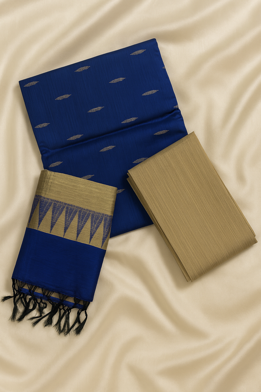 Royal Blue & Beige Raw Silk 3-Piece Unstitched Suit Set