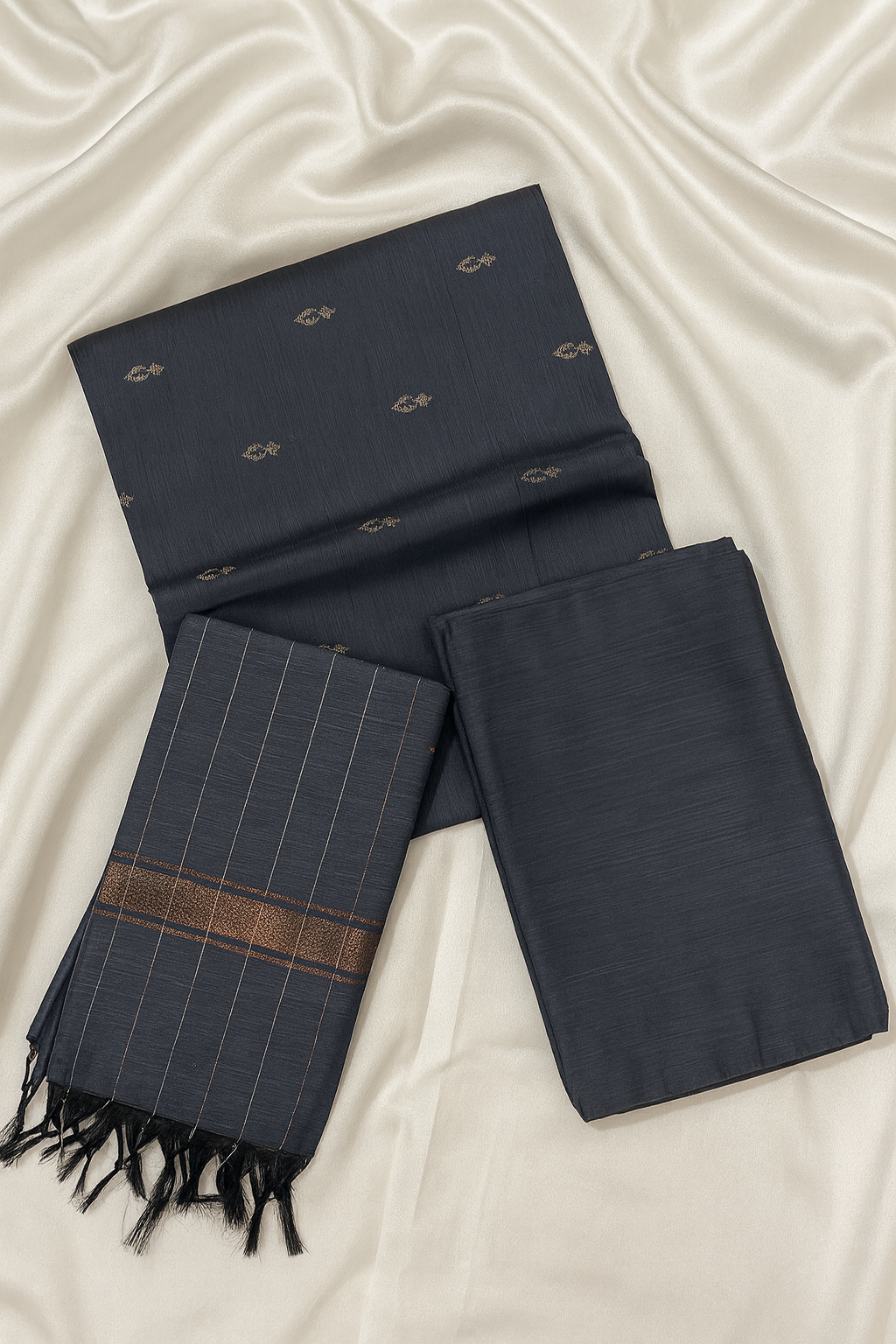 Charcoal Grey Raw Silk 3-Piece Unstitched Suit Set