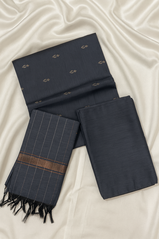 Charcoal Grey Raw Silk 3-Piece Unstitched Suit Set