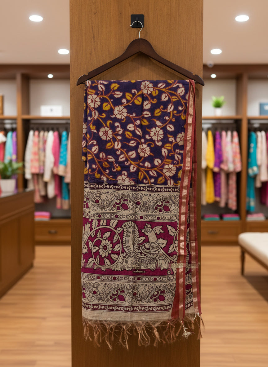Premium Handloom Dupatta – Traditional Kalamkari Peacock & Floral Art
