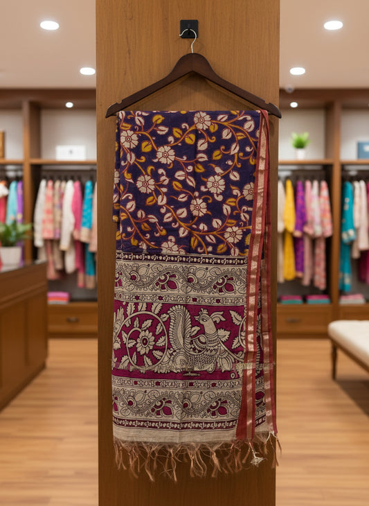 Premium Handloom Dupatta – Traditional Kalamkari Peacock & Floral Art