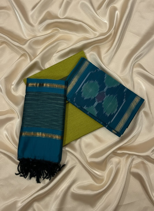 Teal Ikat Dupatta with Mustard-Green Fabric Set