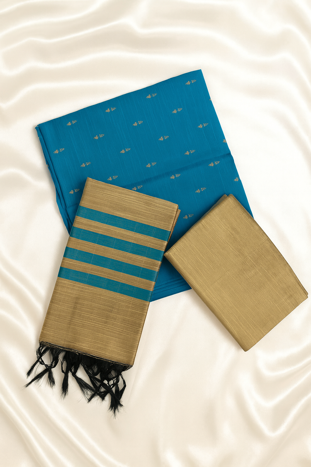 Teal Blue & Beige Raw Silk 3-Piece Unstitched Suit Set