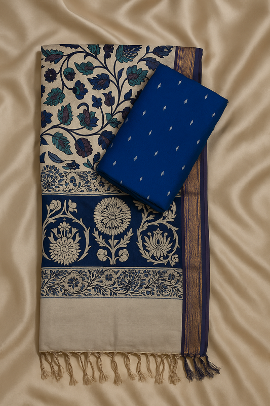 Royal Blue Raw Silk Fabric with Floral Kalamkari Dupatta