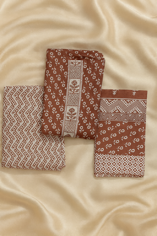 Rust Bloom Pure Cotton 3-Piece Dress Set