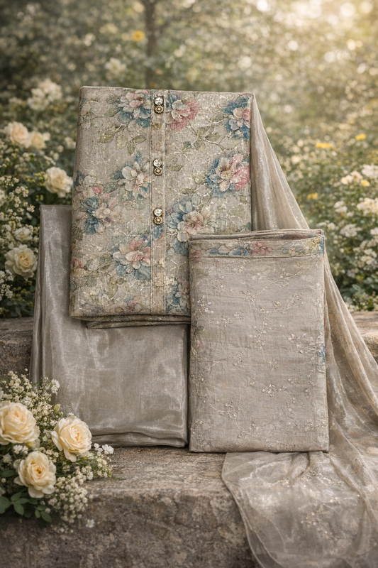 Ivory Bloom Viscose 3-Piece Dress Material Set