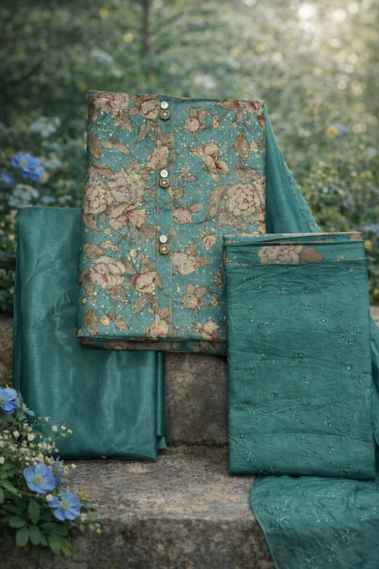 Teal Garden Viscose 3-Piece Dress Material Set