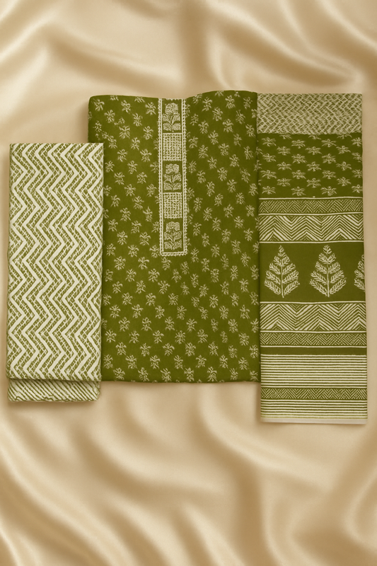 Olive Bloom Pure Cotton 3-Piece Dress Set