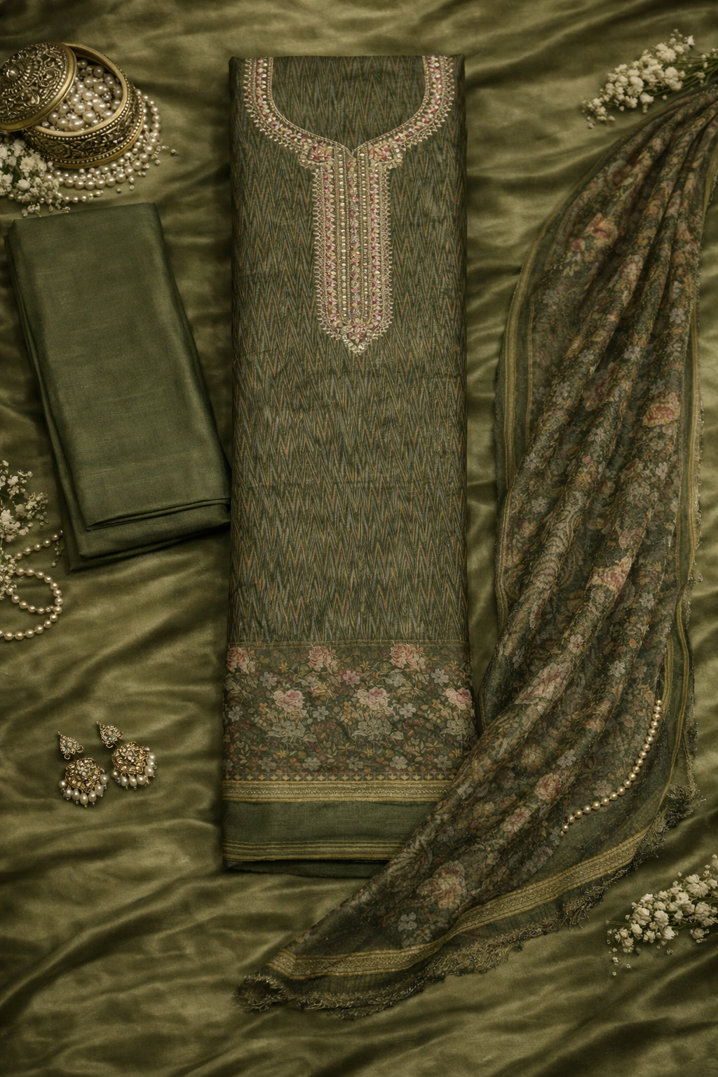 Olive Royale Viscose 3-Piece Dress Material Set